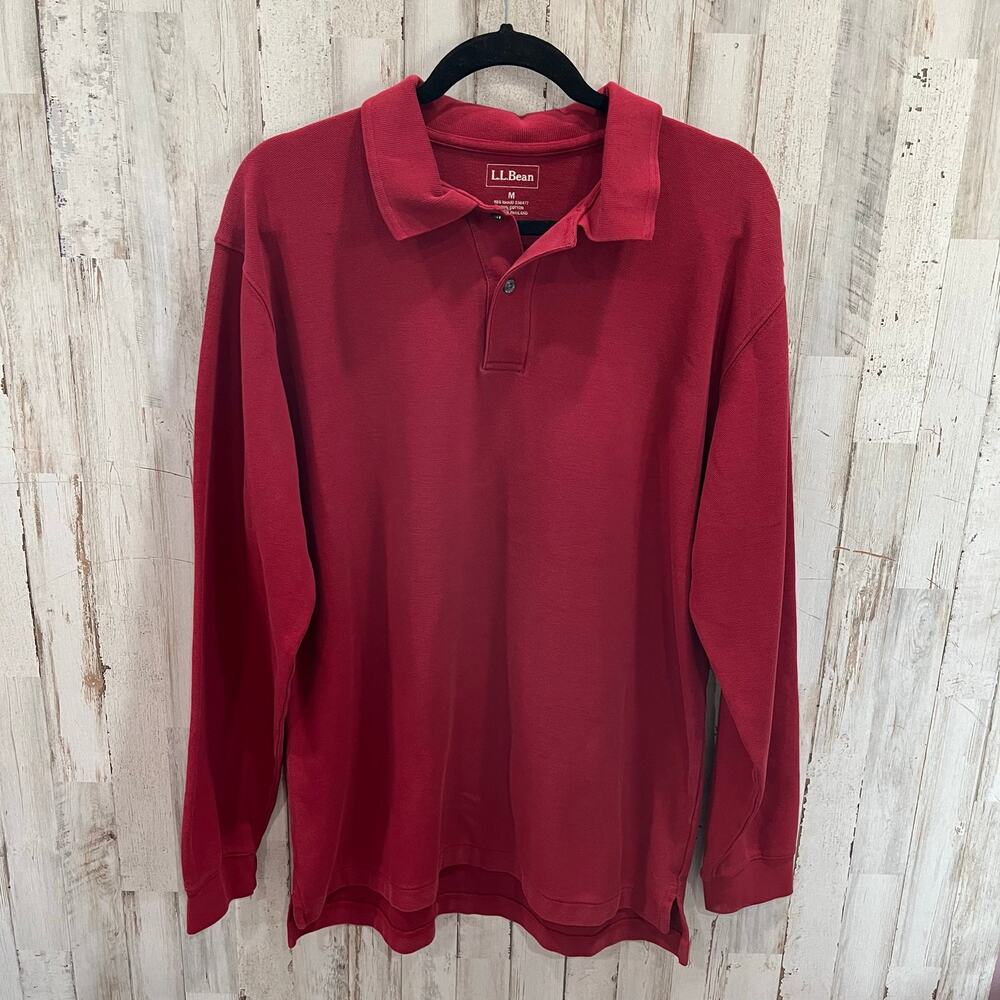 L.L. Bean Men's Regular M Longsleeve 2 Button 100% Cotton Red Polo Item 236477